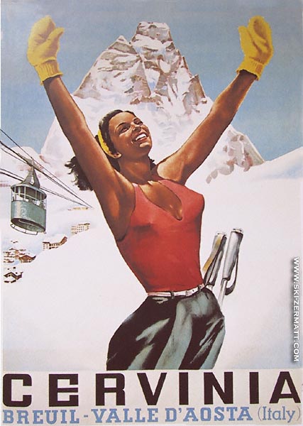 An old poster advertising Cervinia the Italian ski resort linked to 